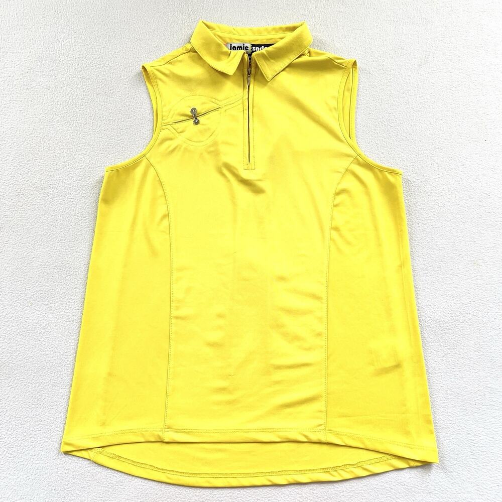 Jamie Sadock Solid Yellow Pocket Faux Leather 1/4 Zip Sleeveless Golf Polo Top S